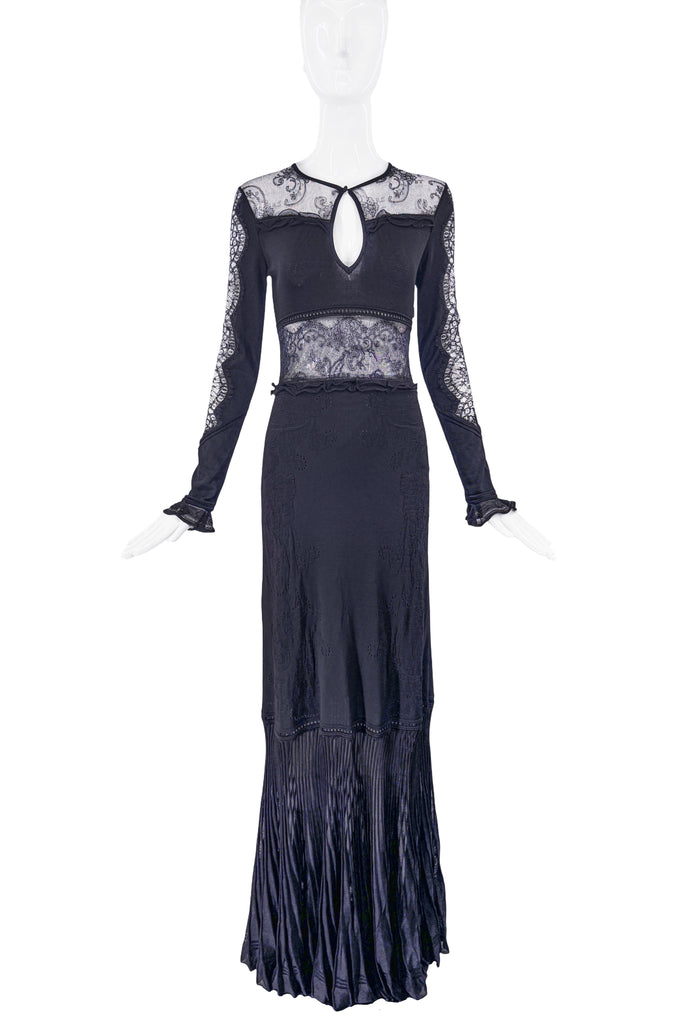 Roberto Cavalli Black Lace Cut Out Long Sleeve Dress Gown