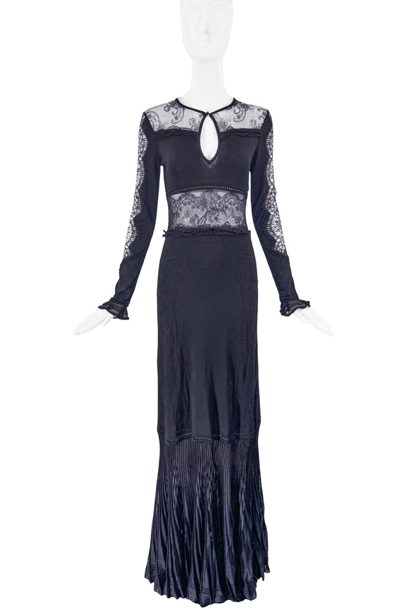 Roberto Cavalli Black Lace Cut Out Long Sleeve Dress Gown