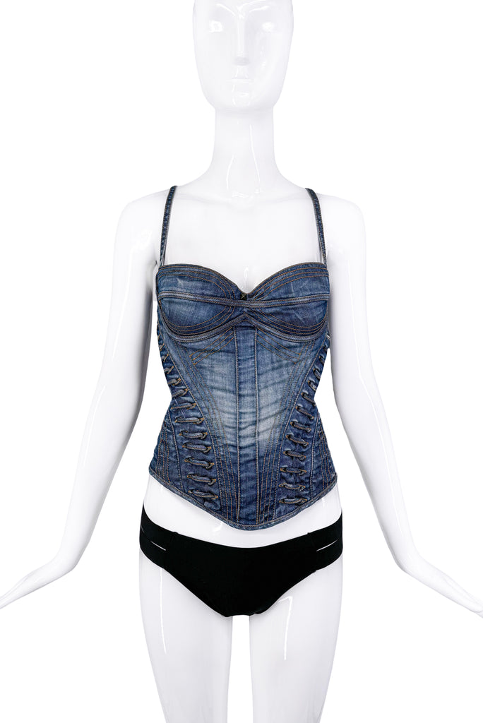 Roberto Cavalli Blue Denim Laced Corset Top