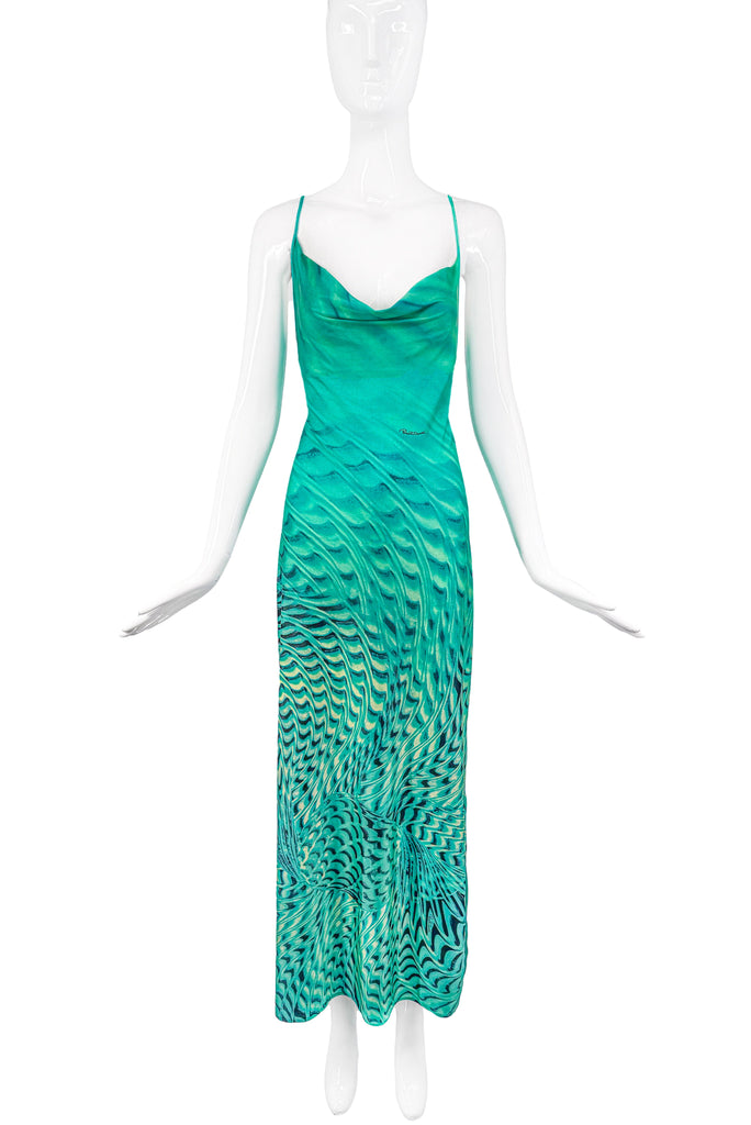 Roberto Cavalli Green Turquoise Geometric Optical Illusion Print Slip Dress Gown Spring 2001