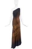 Roberto Cavalli Brown Leopard Tiger One Shoulder Asymmetric Silk Gown Dress