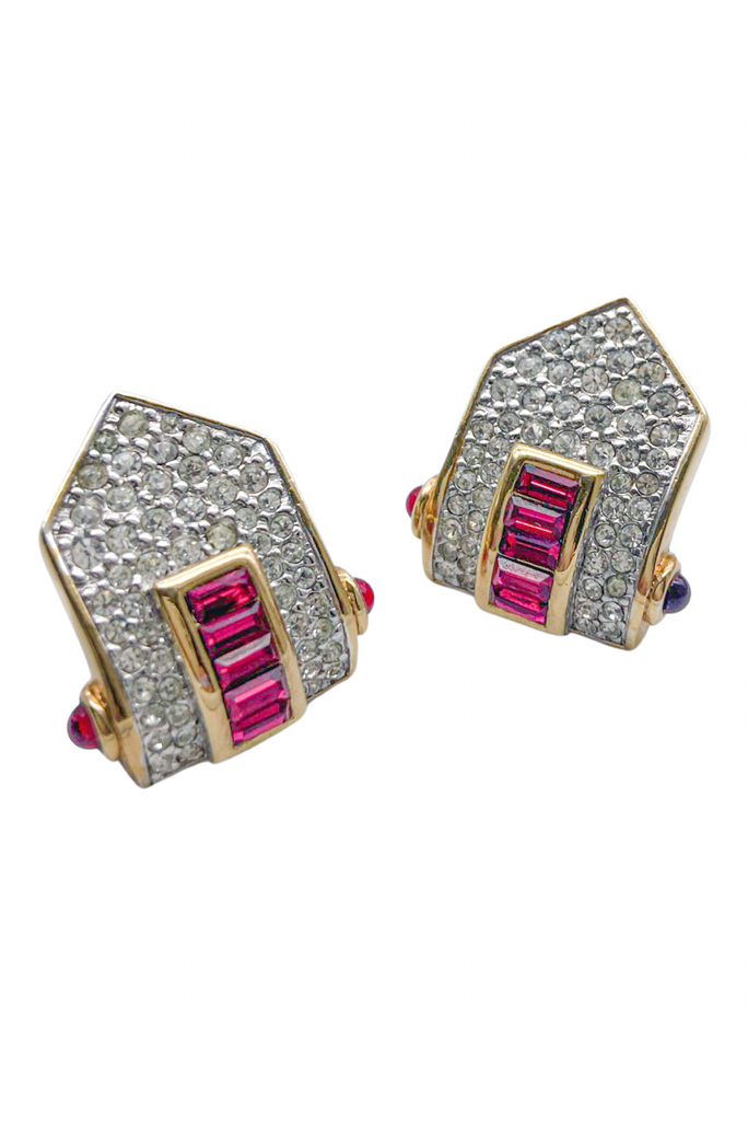Vintage Ruby Red Triangle Rhinestone Earrings matching Oscar De La Renta Necklace