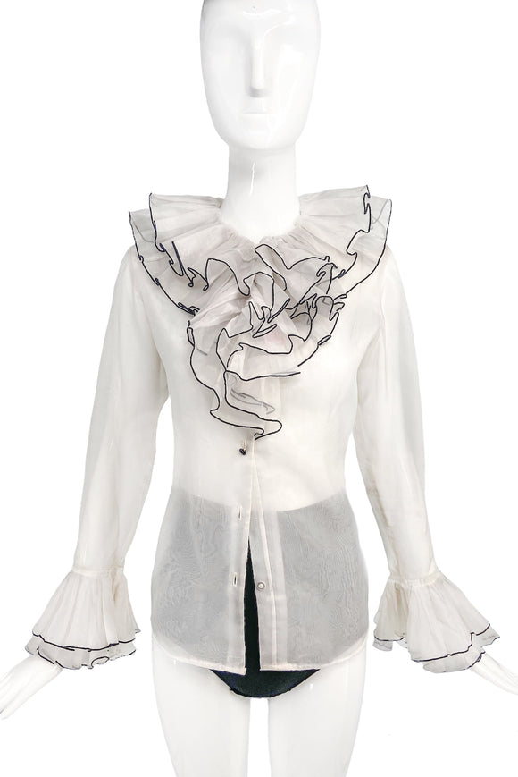 Vintage Sheer Ruffle Harlequin Blouse with Black Trim