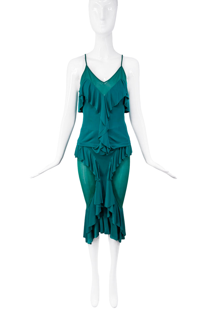 Saint Laurent 2004 Teal Green Ruffle Dress