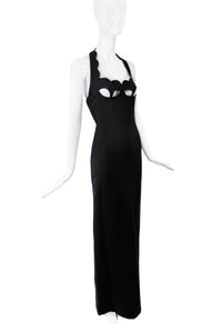 Saint Laurent Black Cut Out Bra Corset Scallop Edge Halter Dress Gown