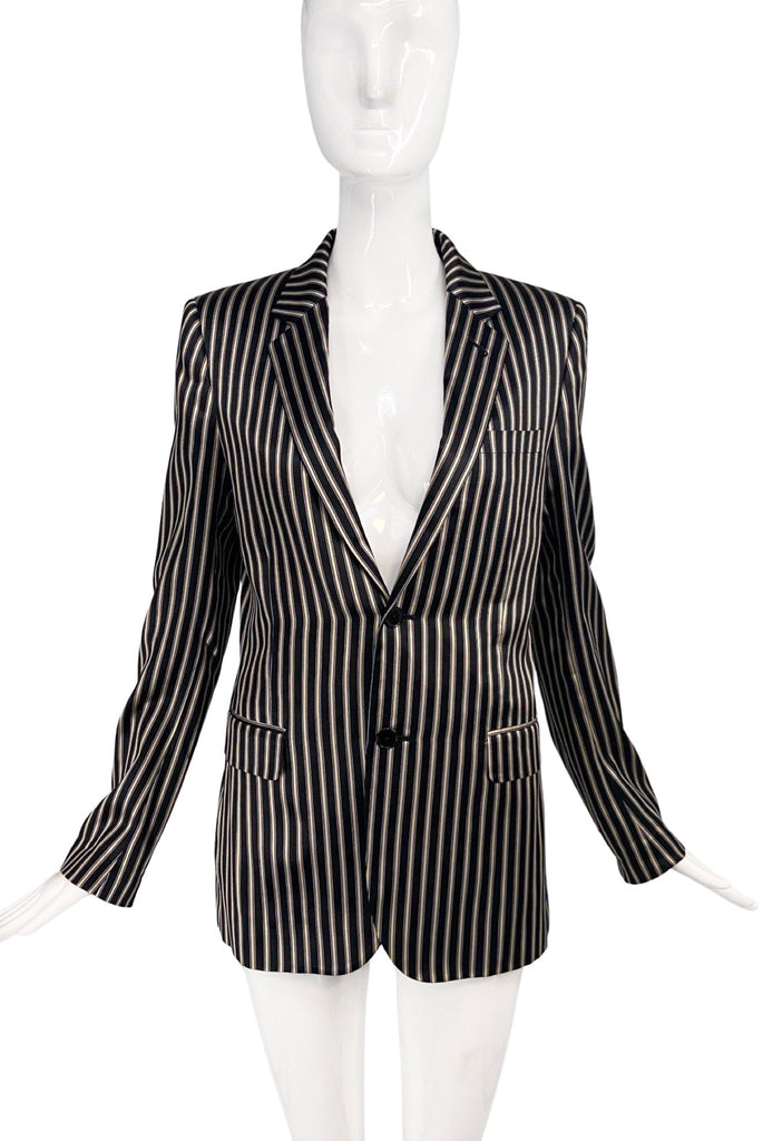 Saint Laurent Black Gold Satin Shiny Pinstriped Blazer Jacket*