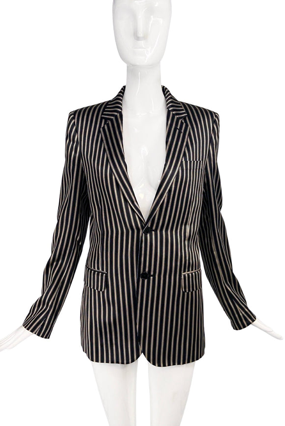 Saint Laurent Black Gold Satin Shiny Pinstriped Blazer Jacket*