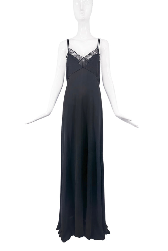 Saint Laurent Black Silk Double Layered Lace Slip Dress Gown