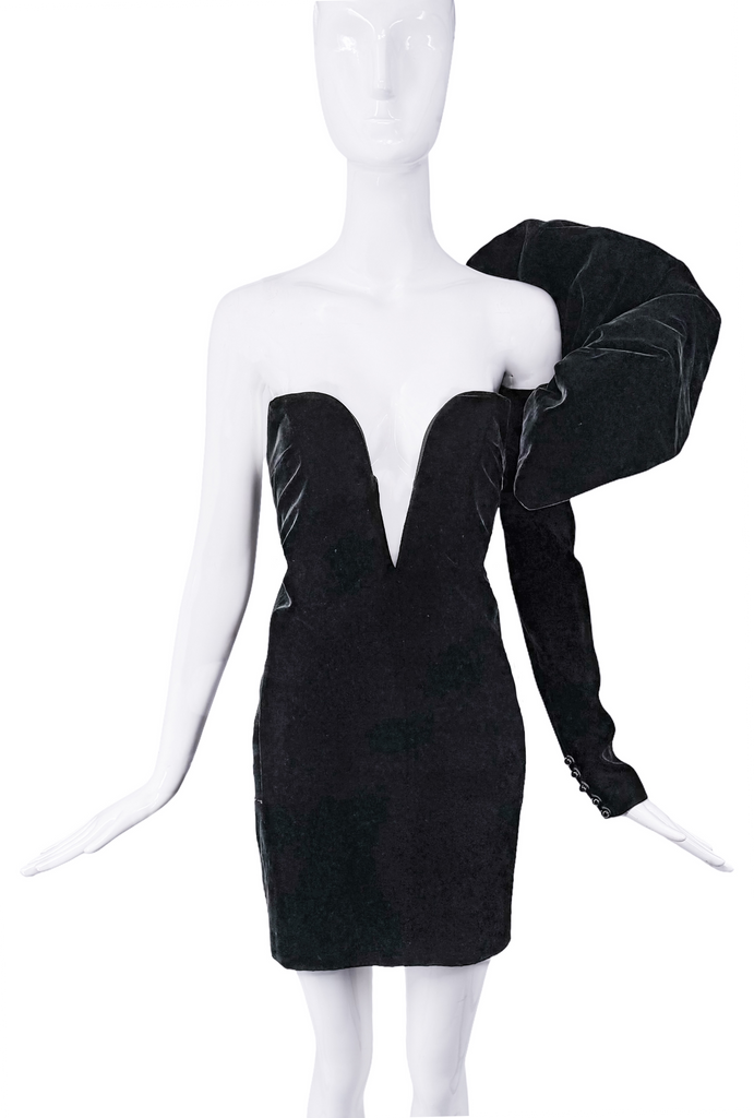 Saint Laurent Black Velvet Puffy Sleeve Deep V Cut Out Dress