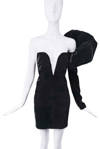 Saint Laurent Black Velvet Puffy Sleeve Deep V Cut Out Dress