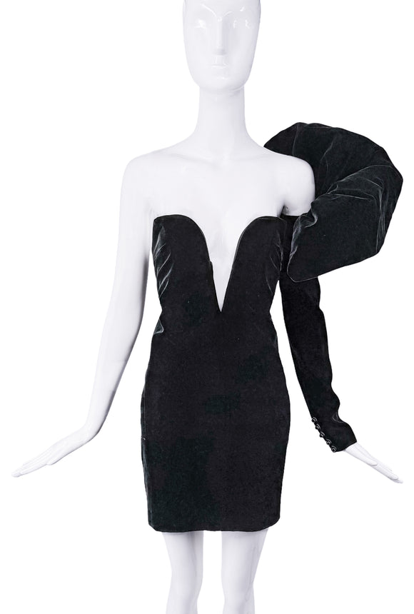 Saint Laurent Black Velvet Puffy Sleeve Deep V Cut Out Dress