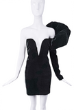 Saint Laurent Black Velvet Puffy Sleeve Deep V Cut Out Dress