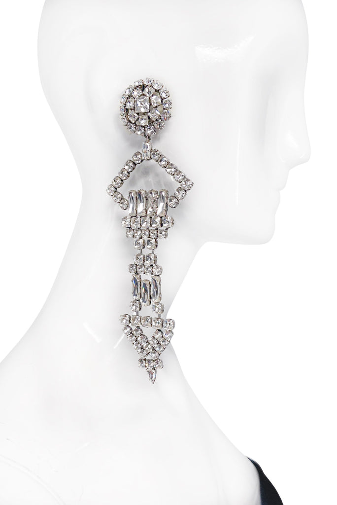 Saint Laurent Silver Crystal Extra Long Single Geometric Runway Earring