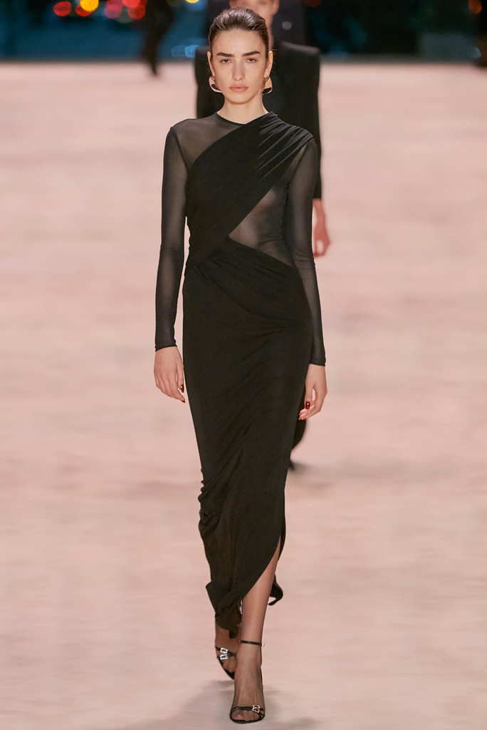 Saint Laurent Black Sheer Panel Cut Out Draped Runway Gown Fall 2022