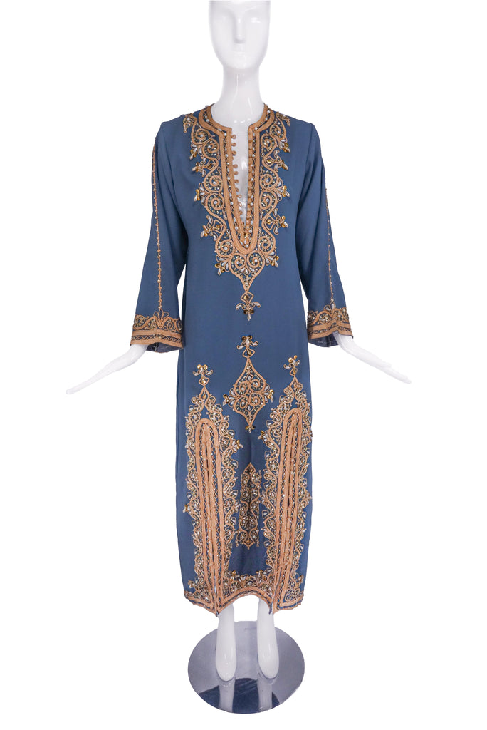 Vintage Blue Pearl Embellished Beaded Moroccan Tangier Kaftan Caftan