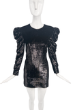 Saint Laurent by Anthony Vaccarello Black Metallic Shiny Velvet Puff Sleeve Dress Spring Summer 2017