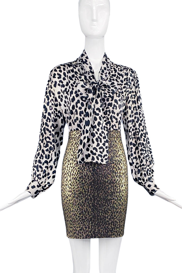 Saint Laurent Rive Gauche Black & White Leopard Bow Blouse
