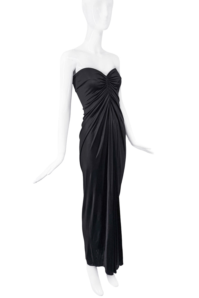 Saint Laurent Black Silk Jersey Stretch Ruched Draped Dress Gown