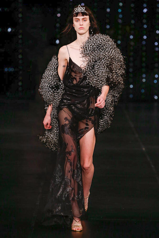 Saint Laurent Black Sheer Layered Lurex Floral Print High Slit Dress Gown Spring 2016