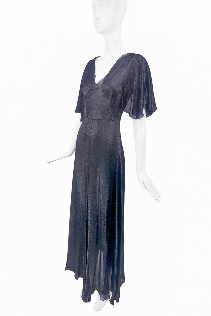 Saint Laurent Black Lurex Glitter Sheer 70's Style Capelet Sleeves Gown