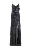 Saint Laurent Black Sheer Layered Lurex Floral Print High Slit Dress Gown Spring 2016
