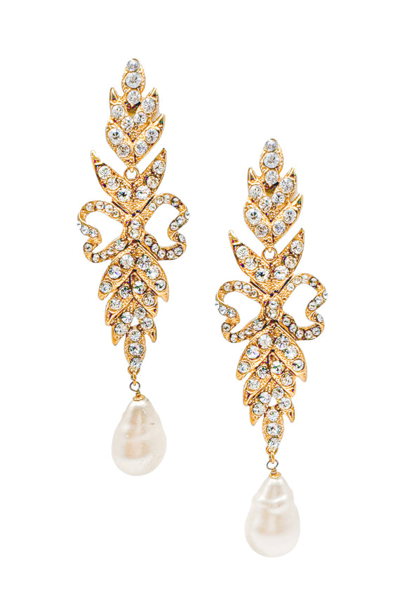 Saint Laurent YSL Gold Crystal Pearl Drop Extra Long Leaf Earrings