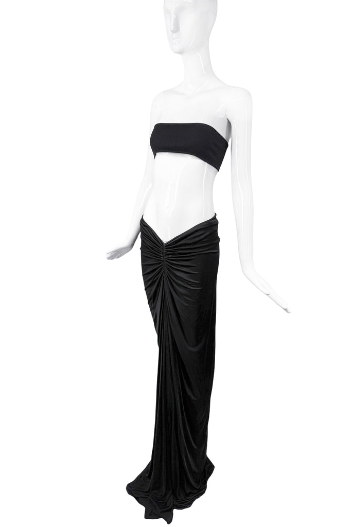 Saint Laurent Black Silk Jersey Stretch Ruched Draped Maxi Skirt