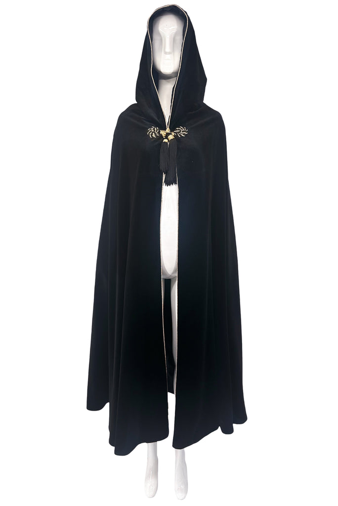 Saint Laurent Black Velvet Pointed Hood Gold Robe Trim Black Tassel 1970's Cape Coat