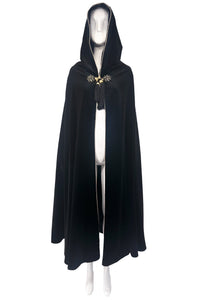 Saint Laurent Black Velvet Pointed Hood Gold Robe Trim Black Tassel 1970's Cape Coat
