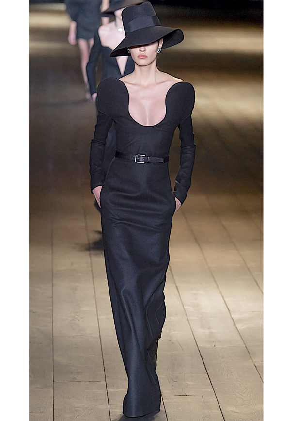 Saint Laurent Black Cut Out Swirl Round Shoulder Felt Wool Long Sleeve Corset Gown Fall 2018