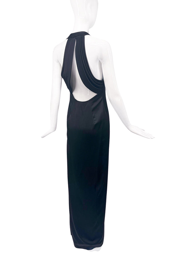 Saint Laurent Black Shift Satin Tank Dress Gown with Dramatic Pleated Back Straps Runway Fall 2019