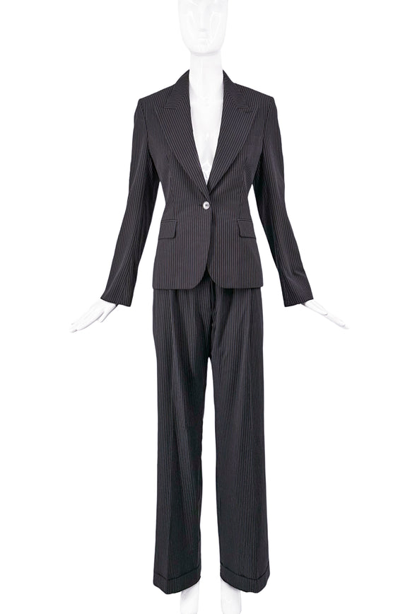 Saint Laurent YSL Tom Ford Black Razor Thin Pin Stripe Single Button Wide Leg Cuff Suit Spring 2001