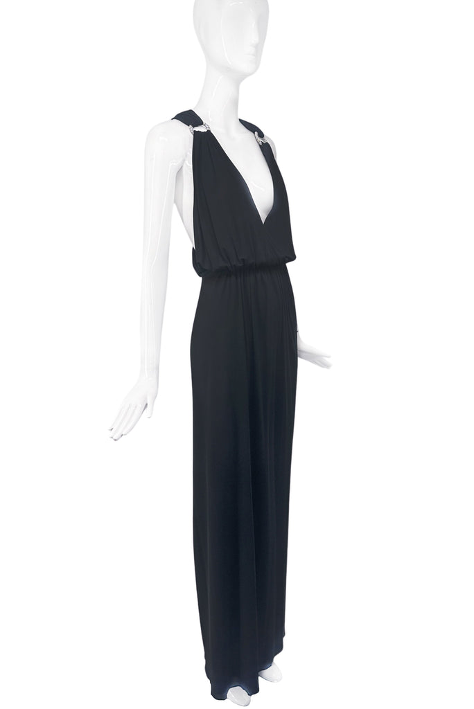 Saint Laurent Black Deep V Neck Crystal Ring Embellished Cotton Stretch Gown