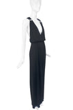 Saint Laurent Black Deep V Neck Crystal Ring Embellished Cotton Stretch Gown