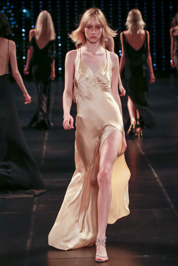 Saint Laurent Beige Ivory Silk Satin Old Hollywood High Slit Slip Dress Gown Spring 2016