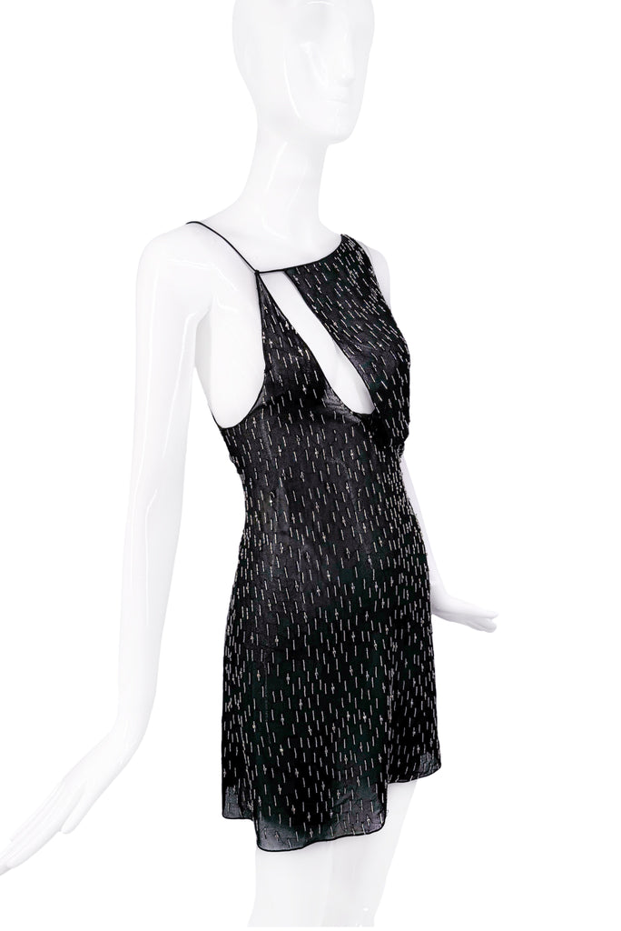 Saint Laurent Black Silk Slash Cut Out Beaded Mini Dress