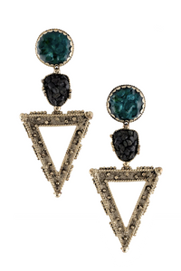 Saint Laurent Green Black Textured Triangle Gem Stone Earrings