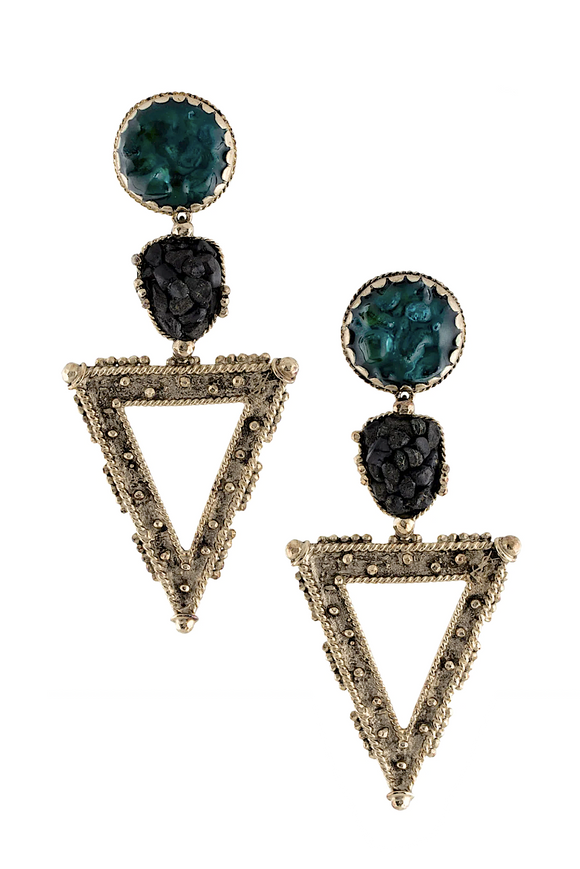 Saint Laurent Green Black Textured Triangle Gem Stone Earrings