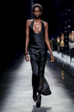 Saint Laurent Black Shift Satin Tank Dress Gown with Dramatic Pleated Back Straps Runway Fall 2019