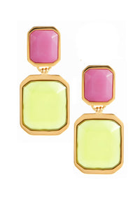 Saint Laurent Pink Lime Green Gold Square Gem Stone Earrings