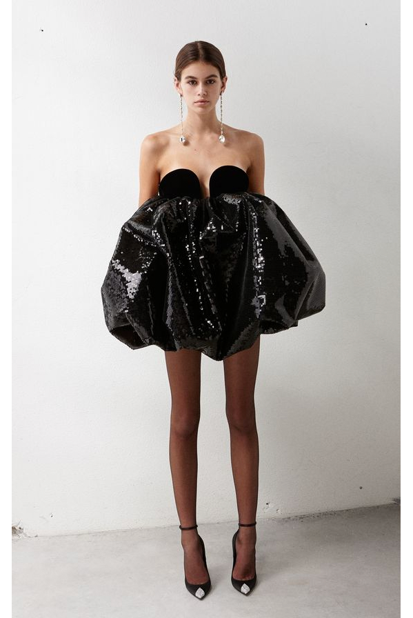 Saint Laurent Black Velvet Heart Shape Neckline Sequin Puff Cocktail Dress Runway 2018