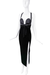 Saint Laurent Black Satin Silk Deep Sweetheart Neckline High Slit Velvet Bow Dress Gown