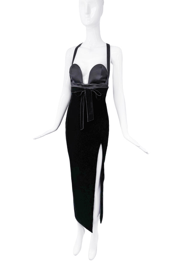 Saint Laurent Black Satin Silk Deep Sweetheart Neckline High Slit Velvet Bow Dress Gown