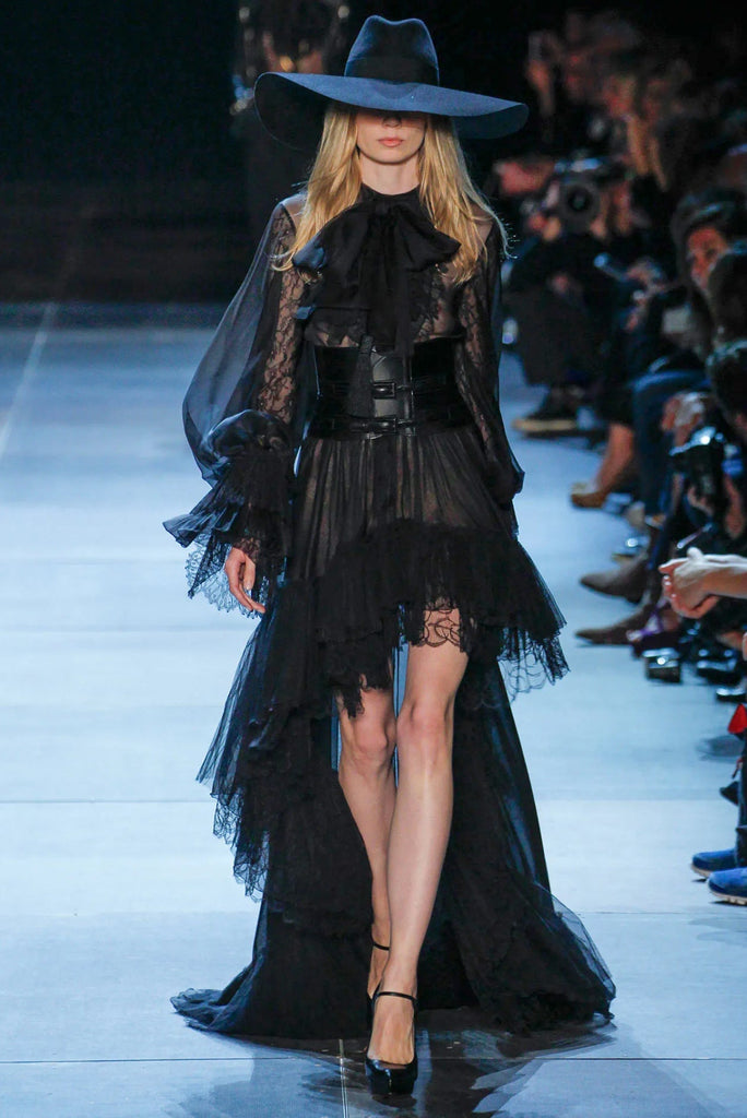 Saint Laurent Black Silk Chiffon Bow Blouse and Lace Ruffle Maxi Skirt Gown Dress Spring 2013