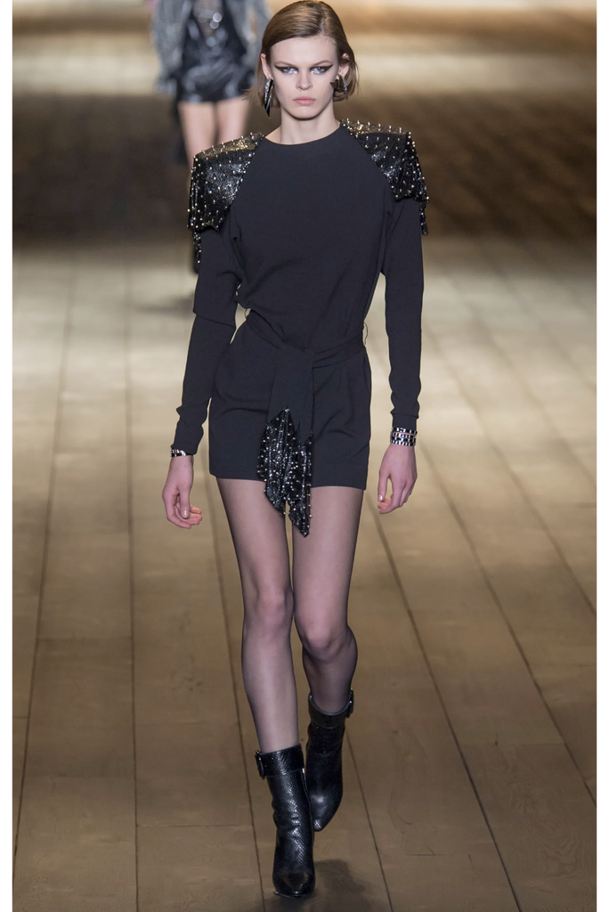 Saint Laurent Black Extreme Shoulder Pad Chain Mail Spike Mini Dress Fall 2018