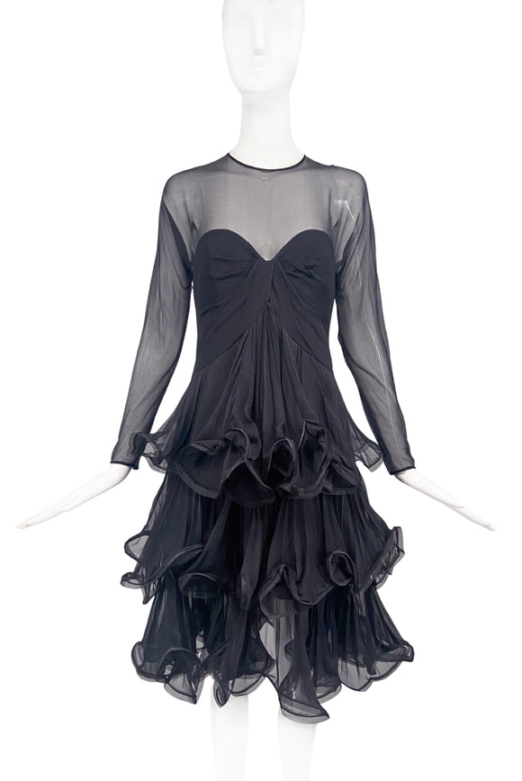 Scassi Black Floating Chiffon Cocktail Dress