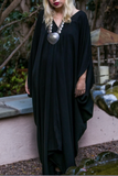 Vintage Black Crepe de Chine V Neck Draped Kaftan Dress #