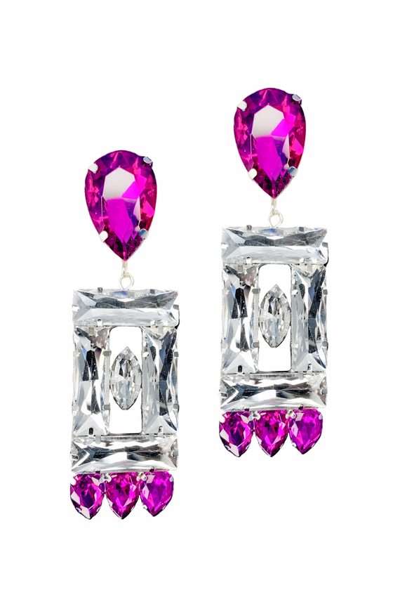Vintage Silver Crystal Magenta Pink Square Oversized Earrings