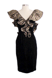Vintage Black Velvet Gold Ruffle Pleated Lamé V-Neck Line Cocktail Dress