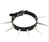 Vintage Black Leather Silver Chrome Metal Extra Long Spike Choker Necklace